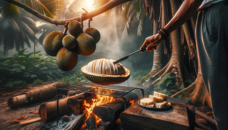 DALL·E 2024-01-27 14.47.42 - A 16_9 image illustrating the process of roasting breadfruit in a tropical setting