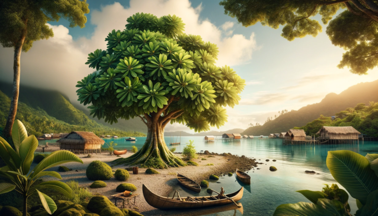 DALL·E 2024-01-30 20.25.01 - A serene landscape in the South Seas, showcasing a lush breadfruit tree with broad, green leaves