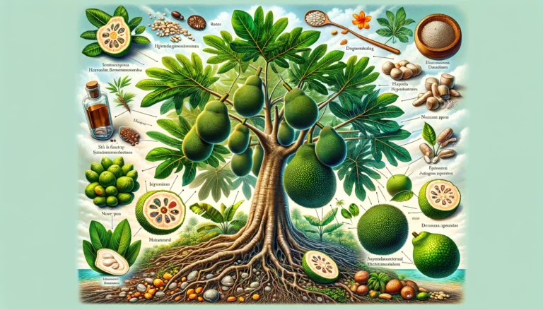 DALL·E 2024-02-03 11.34.53 - A vivid and detailed illustration showcasing different aspects of a breadfruit tree in a tropical environment