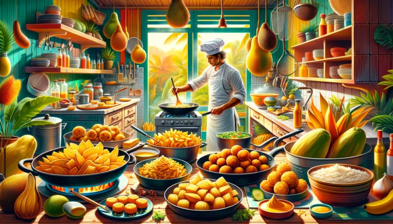 DALL·E 2024-02-04 14.59.37 - A vibrant and colorful kitchen scene where a chef is preparing various breadfruit dishes