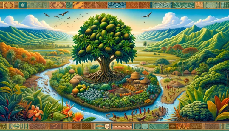 DALL·E 2024-02-06 12.38.20 - An illustration depicting a vibrant breadfruit agroforest in Oceania