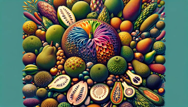 DALL·E 2024-02-09 09.39.13 - Create an elaborate and colorful image showcasing a wider range of breadfruit (Artocarpus altilis) varieties