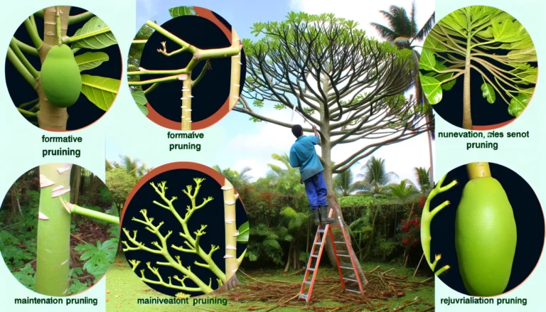 DALL·E 2024-02-13 07.03.32 - A breadfruit tree in a garden, vividly illustrating various pruning techniques