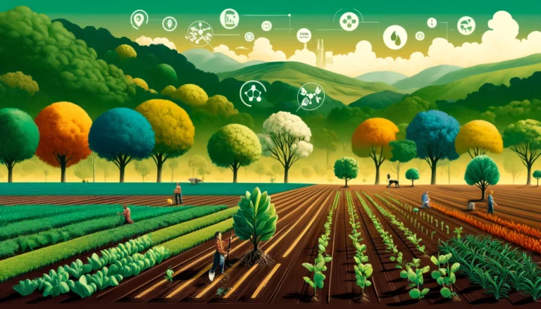 DALL·E 2024-06-03 10.26.18 - A vibrant agroforestry landscape featuring diverse trees and crops, with farmers working the land