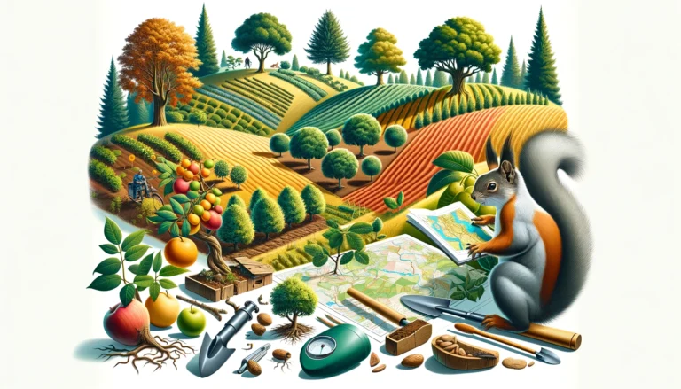 DALL·E 2024-06-09 11.58.17 - A vibrant agroforestry scene featuring diverse tree species such as fruit trees and timber trees on varied terrains