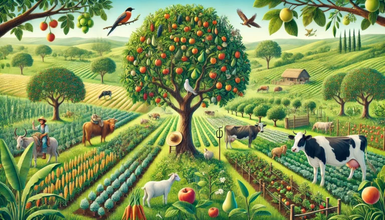 DALL·E 2024-07-06 08.27.55 - A diverse agroforestry system with trees, crops, and livestock coexisting harmoniously