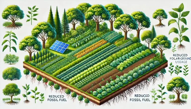 DALL·E 2024-07-10 11.25.40 - A vibrant agroforestry system with diverse crops and trees, showing different layers of vegetation including above-ground biomass and healthy soil