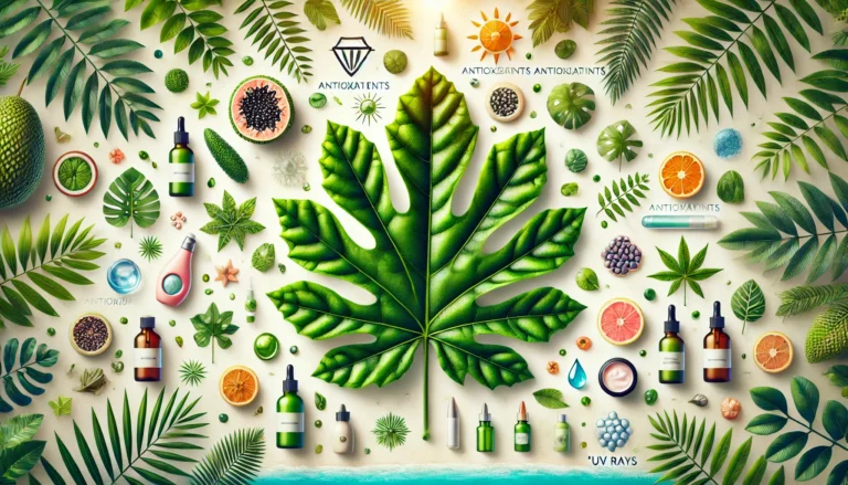 DALL·E 2024-08-01 11.51.28 - A vibrant and lush breadfruit tree leaf, distinctly shaped with deeply cut edges, symbolizing natural skincare ingredients
