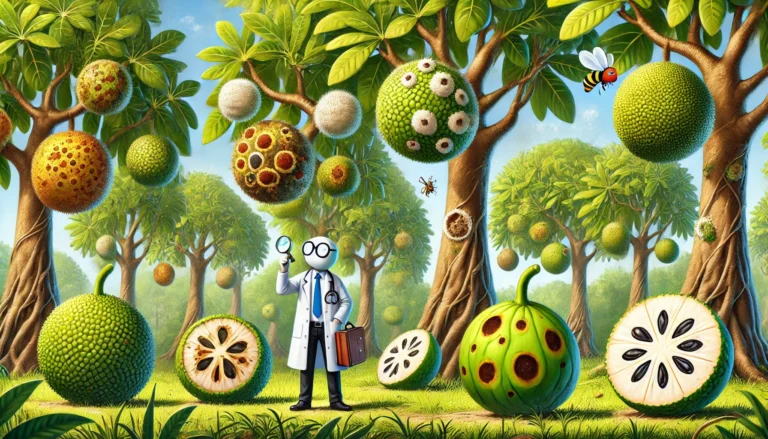 DALL·E 2024-08-06 12.10.11 - A scene featuring multiple breadfruit trees, each showing signs of various plant diseases