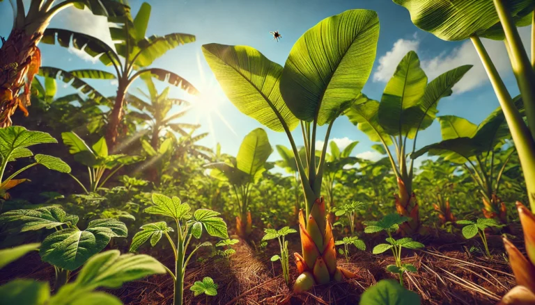 DALL·E 2024-09-21 15.25.33 - A lush plantain field under a bright tropical sun, showcasing tall plantain plants with large green leaves
