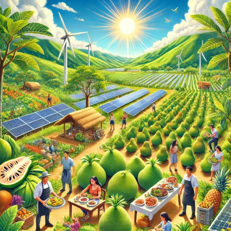 DALL·E 2025-01-22 10.25.34 - A vibrant, lush tropical landscape with a thriving breadfruit orchard under a clear, sunny sky