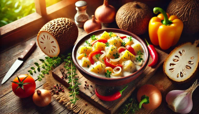 DALL·E 2025-02-02 09.29.46 - A vibrant Jamaican kitchen scene showcasing a clay bowl filled with creamy breadfruit rundown